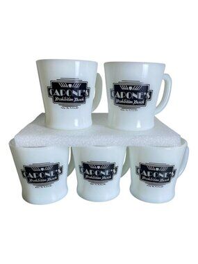 VTG Anchor Hocking Fire-King Milk Glass Capone’s Prohibition Punch Mugs Set of 5